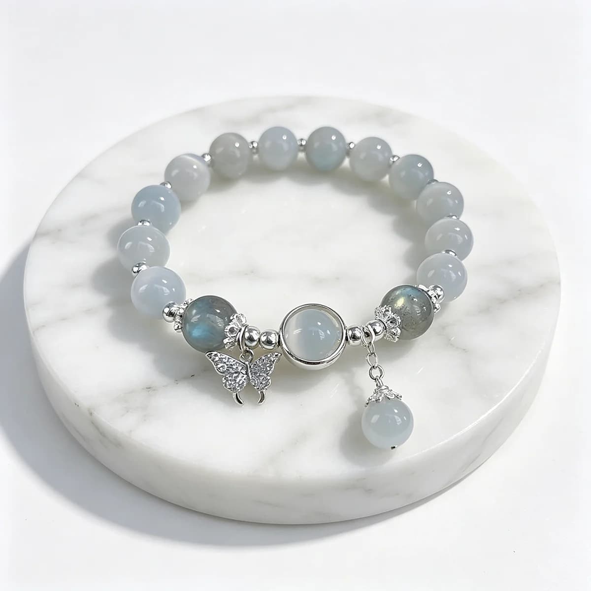Dainty Blue Cats Eye Beaded Bracelet, Cute Butterfly Charm Elastic Hand Chain, Moonlight Opalite Stone Jewelry, Graduation Birthday Gift for Best Friend Teen