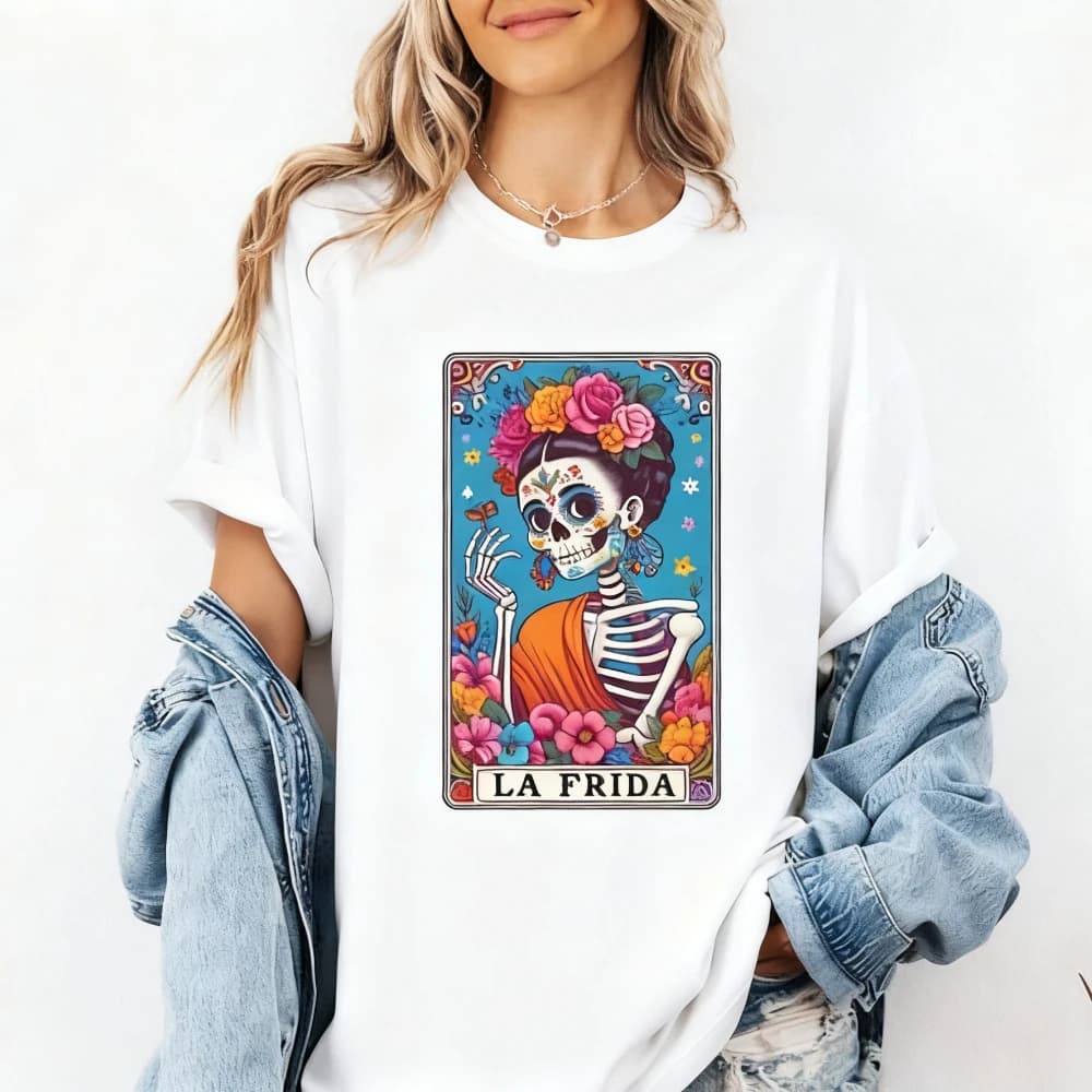 La Frida Dia De Los Muertos T-shirt Teschio di zucchero Maglietta di Halloween Carta dei tarocchi Maglietta da donna Messicana Giorno dei morti Camicia Festival Top