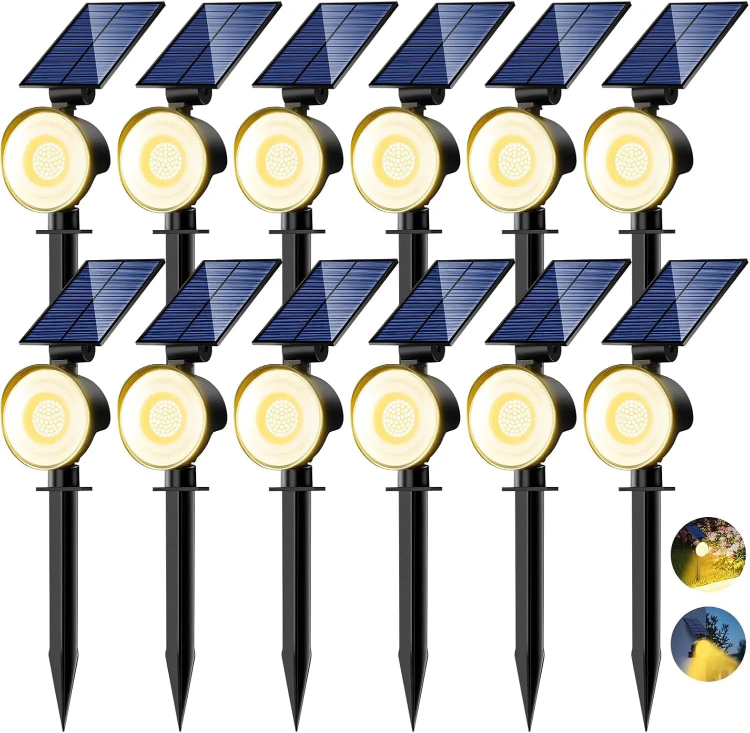 Outdoor Solar Spot Lights Waterproof Landscape Spotlights Warm White 12 Pack 53 LED 3 Modes Adjustable Solar Panels Auto On Off
