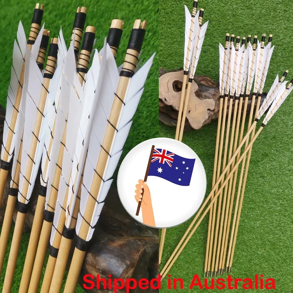 Traditional Wooden Arrows 12Pcs 8mm Solid Wood Shaft with 5 Inch Turkey Feather Fletching Durable Target Shooting Hunting Arrows For Outdoor Archery Practice