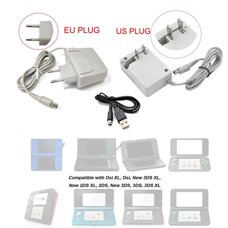 Caricabatterie da Viaggio con Spina USA/UE per 3DS, Cavo di Ricarica per 2DS NDSi, Adattatore di Alimentazione per Nuovo 3DS XL/LL
