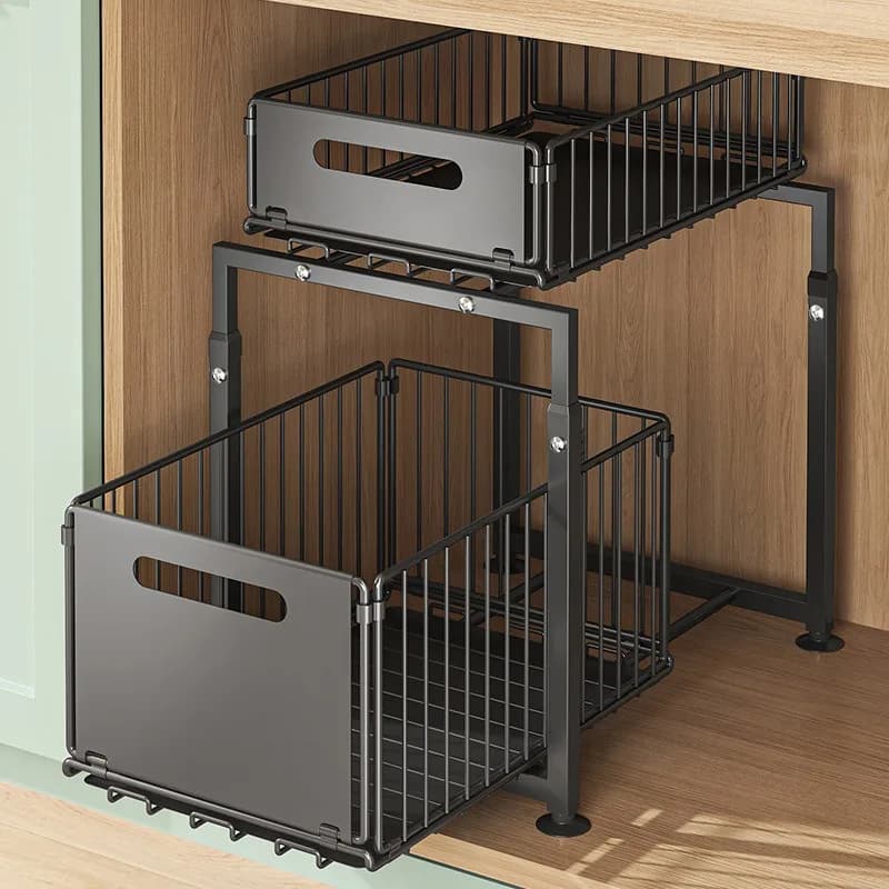 Kitchen Sink Storage Rack Pull-Out Basket Double Layer Spice Snack Bottle Can Organizer Cabinet Multi-level Shelf Under Cabinet