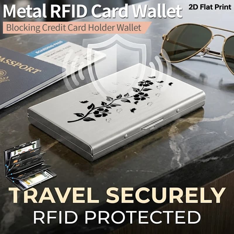 Portacarte in Metallo con Blocco RFID per Uomo e Donna, Sottile, Opaco, con Motivo a Farfalla e Ibisco, Porta Carte di Credito Antifurto in Alluminio S