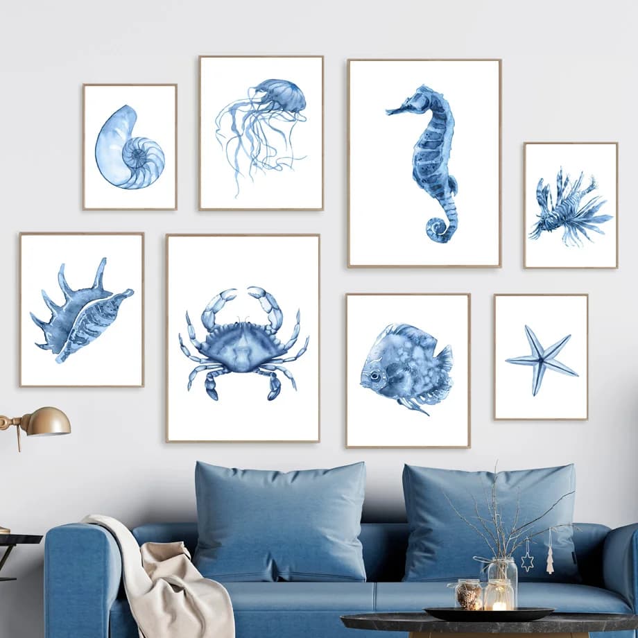 Blue Watercolor Coastal Wall Art Prints Nautical Sea Creature Poster Seashell Jellyfish Seahorse Crab Starfish Beach House De