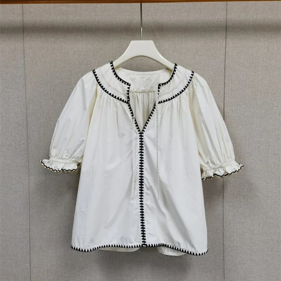 Elegant Early Autumn Heavyweight Water Soluble Stitched Shirt Bubble Sleeve Cotton Belted Short Sleeve Top
