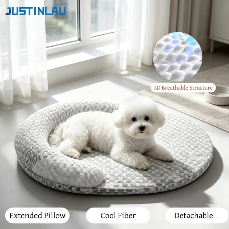 JUSTINLAU 3D Breathable Cooling Fiber Pet Pad with Neck Support Pillow Suitable for Puppies/Dogs Removable Cooling Dog Bed