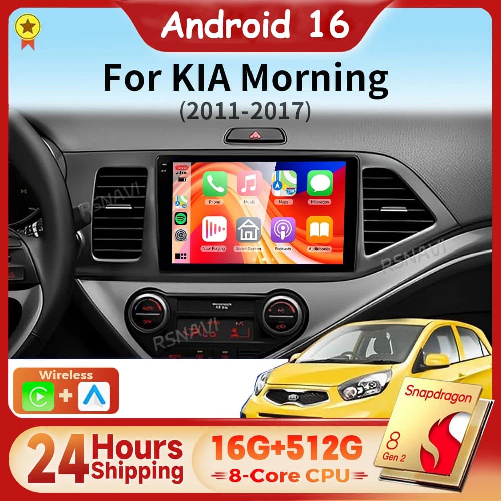 Android 15 Carplay Auto Autoradio Lettore multimediale per Kia Picanto Morning 2011 - 2016 LHD Autoradio Stereo 24 ore di spedizione BT
