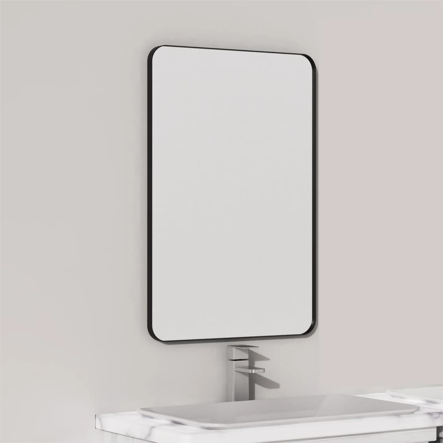 Specchio da Bagno Nero Opaco da Parete, Rettangolare Arrotondato 16x24 Pollici con Vetro Infrangibile e Montaggio Ultra-Flush