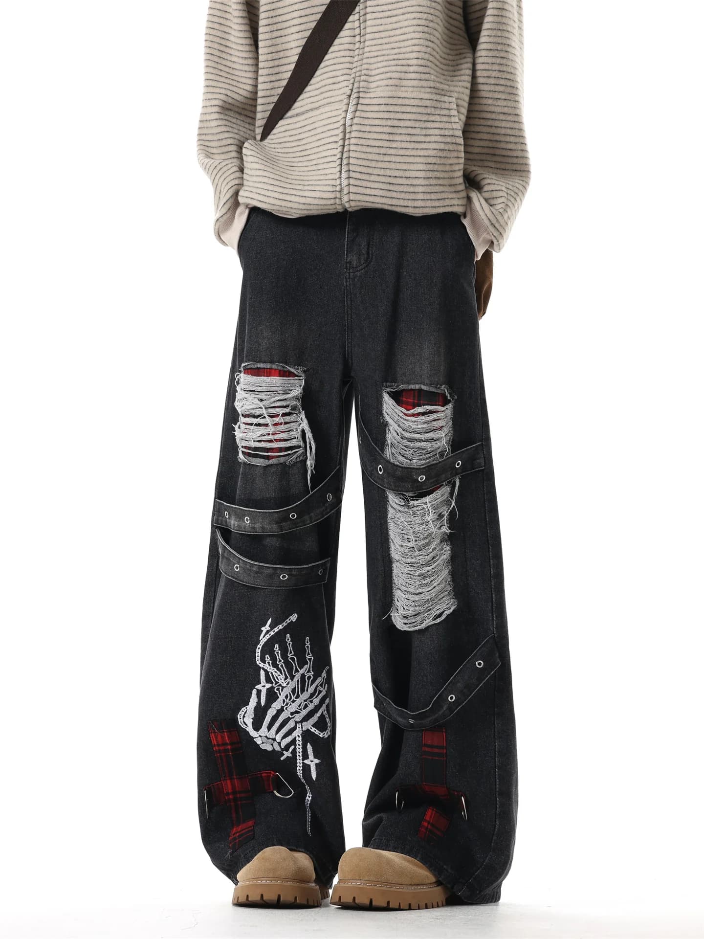 Black Distressed Denim Jeans Men's Streetwear American Punk Style Washed Wide Leg Drapey Vintage Men's Pants