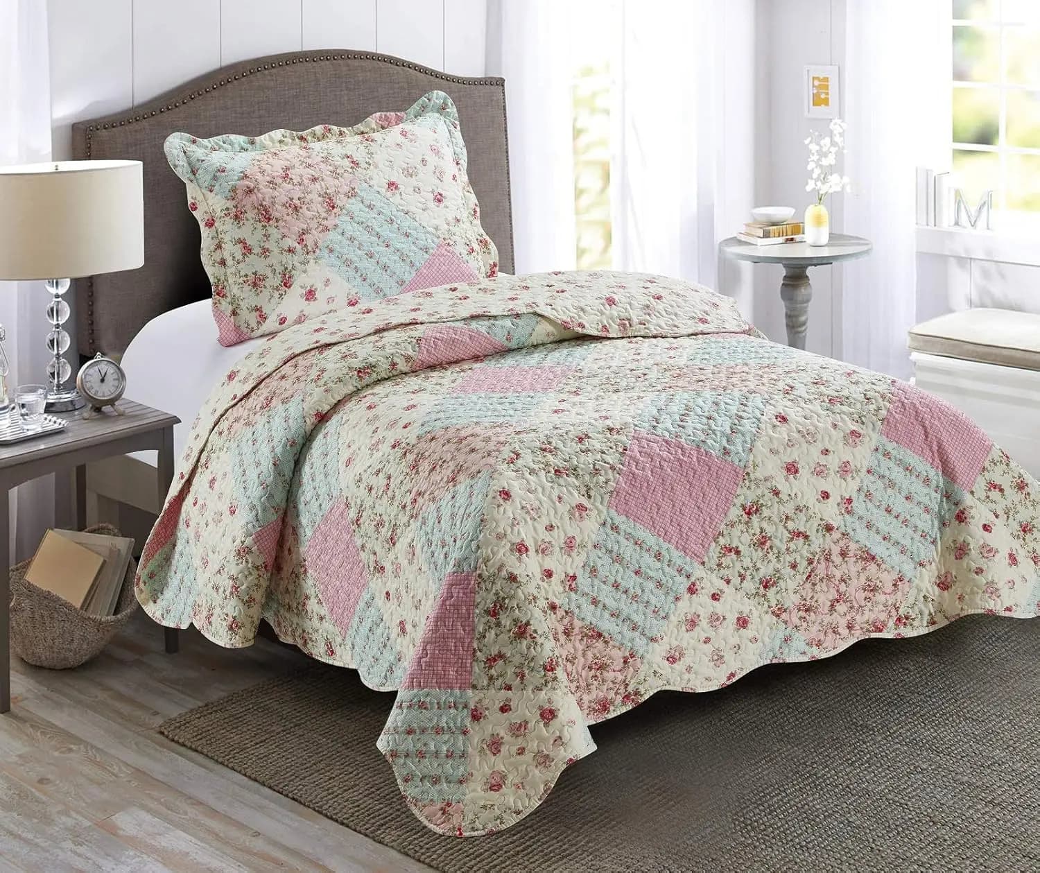 Set Copriletto Patchwork Rosa e Verde, Trapuntato Reversibile per Letto Singolo con Federa, Leggero per Tutte le Stagioni