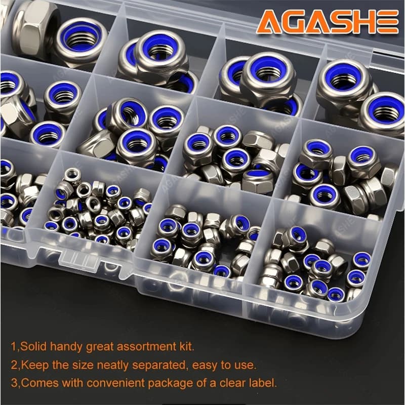 AGASHE 170/220/240 pezzi Kit contrappannoni metrici in acciaio inossidabile, dadi esagonali con inserto in nylon M3-M12, lucidi, resistenti alla corrosione, prevengono V