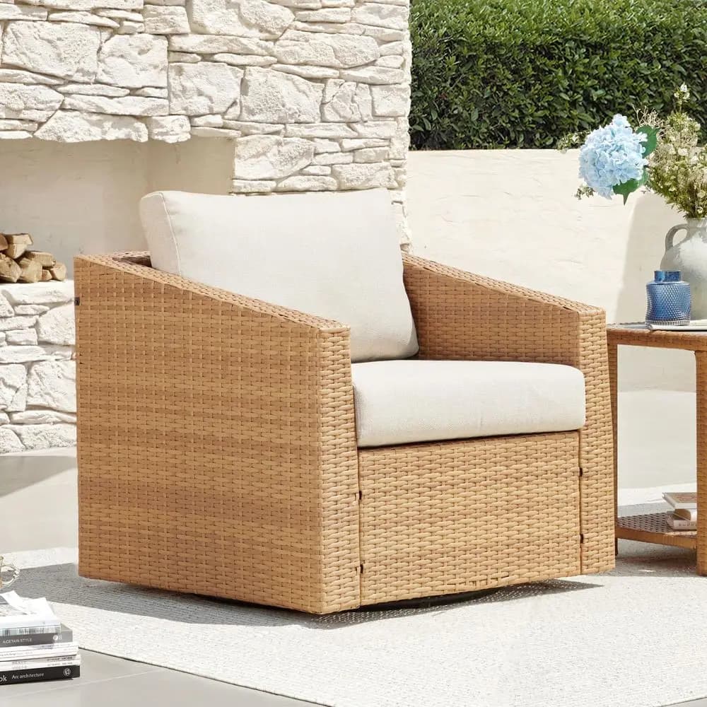 Sedia da Patio in Vimini, Girevole a 360°, in Rattan per Esterni con Cuscini Spessi per Giardino, Bordo Piscina, Terrazzo o Veranda, Beige