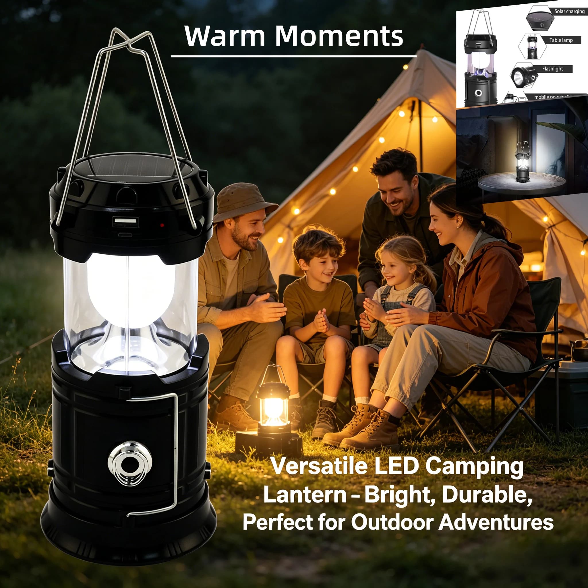 Lanterna Solare Portatile da Campeggio, Lampada LED per Tenda e Torcia, Luce di Emergenza Impermeabile, Luce da Lavoro Multifunzionale