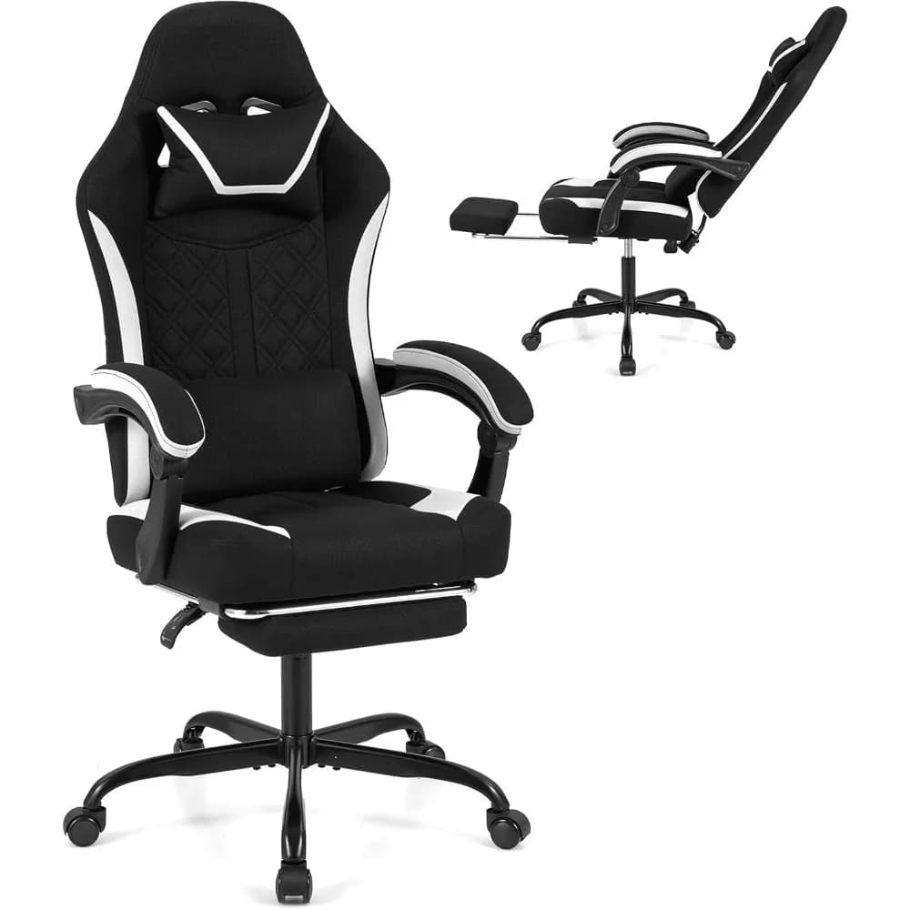 Sedia da Gaming Ergonomica con Schienale Alto, Poggiatesta, Supporto Lombare, Schienale Reclinabile, Poggiapiedi, Seduta Girevole da Ufficio