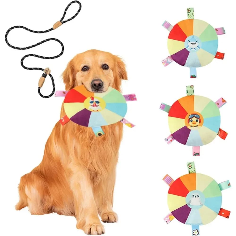 Set di giocattoli per rimorchiatore per cani bungee sospesi 5 in 1 – 4 giocattoli con corda stridulo + cavo regolabile per 2 cani, gioco singolo o doppio, fino a 21 piedi