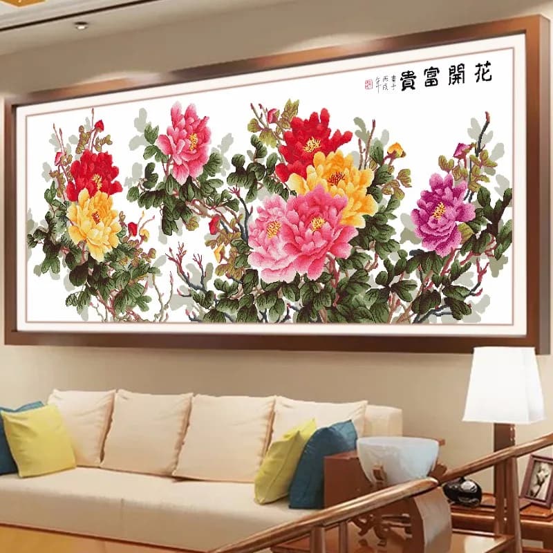 Large 2-Meter Peony Cross-Stitch Embroidery Floral Design Wealth And Prosperity Six-Foot Living Room Decorative Artwork