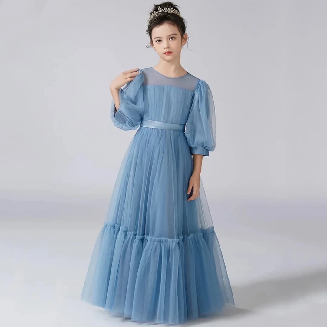 Abito da ragazza di fiori per matrimonio Cintura con fiocco a strati in tulle Lunghezza pavimento Abito da principessa Festa di compleanno Abiti da ballo per prima comunione Personalizzato