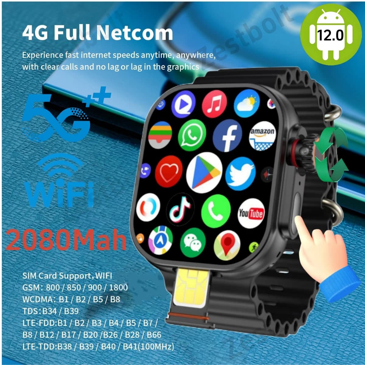 ZestBolt CD12 Smartwatch Android 12.0 4G 5G LTE Sim Card Telecamera rotante 2.26 pollici 490*580 HD Amoled Schermo 2080Mah Smart Watch
