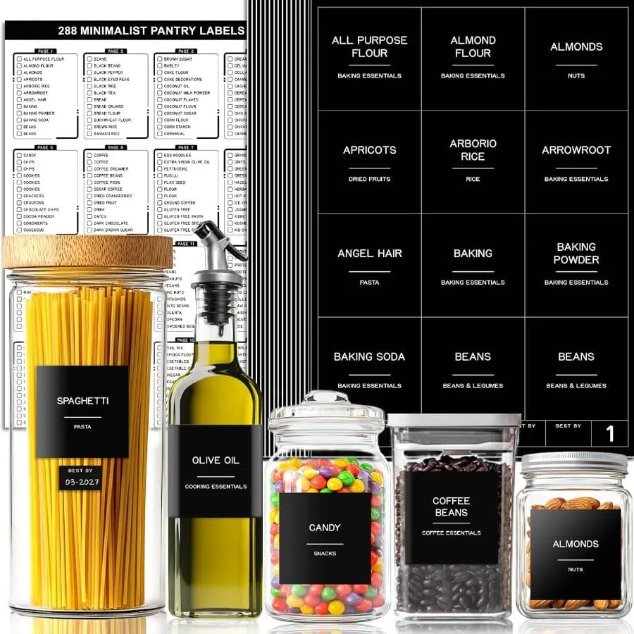 288 Etichette per dispensa per contenitori per alimenti Adesivi impermeabili minimalisti pristampati neri per organizzare contenitori di stoccaggio, barattoli e Kitc