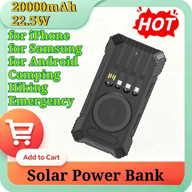 20Ah Solar Power Bank 22.5W Fast Charging 15W Wireless Charger Built-in Cables Outdoor Solar Charger for Camping Power Supply