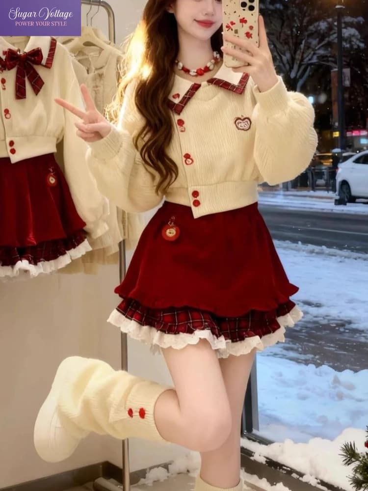Elegante moda dolce set da 2 pezzi da donna slim in maglia con colletto a maniche a lanterna + minigonna in pizzo scozzese abito chic per festa di Natale