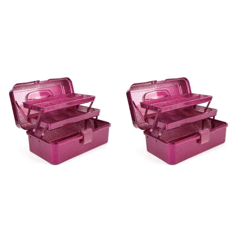 Y42A-2X Glitter Pink & Craft Tool Storage Box,3-Layer Stackable Carry Tackle Box Sewing Box Organizer For Art