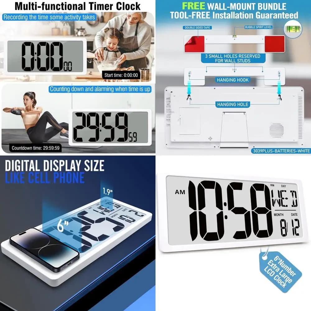 Wall Clock Large 18.4 Battery Poles with Display Day, Date and Temperature for Home or Office