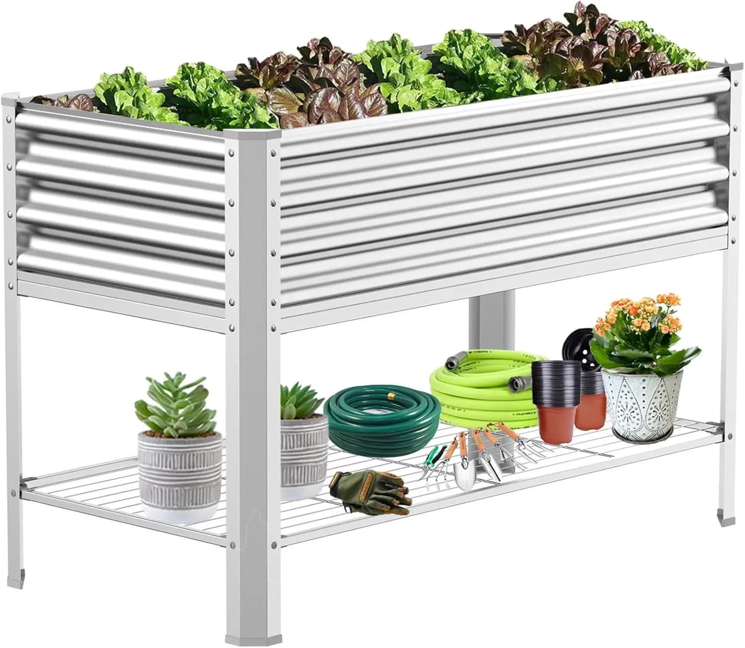 Fioriera Rialzata in Metallo Zincato con Gambe, Ripiano Portaoggetti e Fori di Drenaggio, 48x24x32 Pollici, per Balcone o Giardino