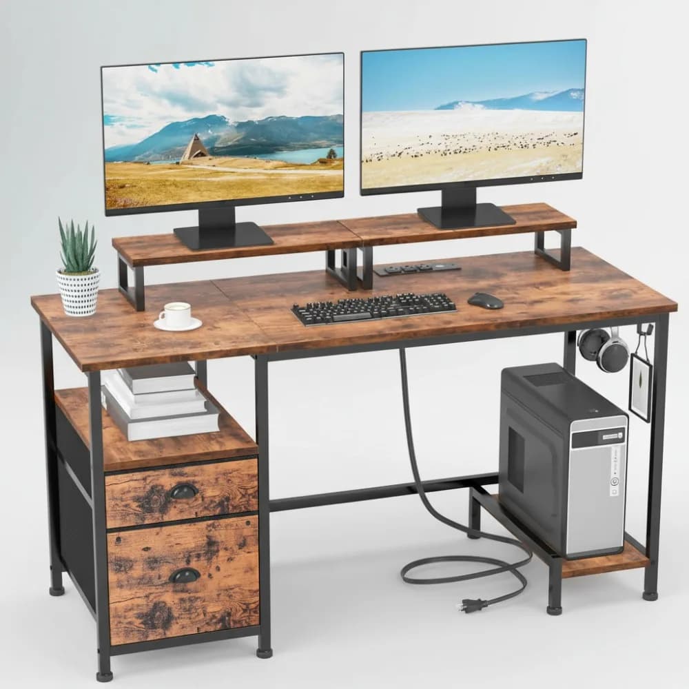Scrivania da ufficio da 47" con prese di corrente, porte USB, 2 supporti per monitor e archiviazione - Tavolo da gioco marrone rustico