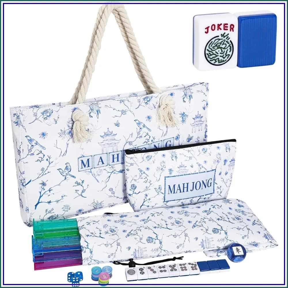 Complete American Mahjong Set, 166 Blue Tiles, Bag & Accessories, 4-in-1 Rack/Pushers