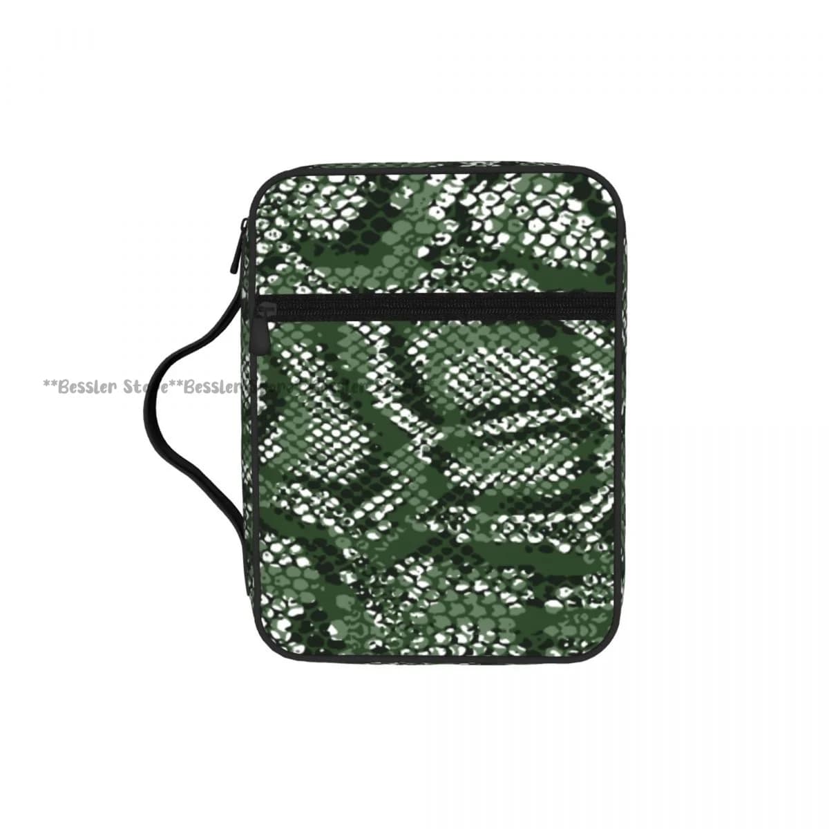 Bag for Bible with Pattern Green Snake Skin, Case with Hinge and Handle, Bag for Transport and Conservation Bible