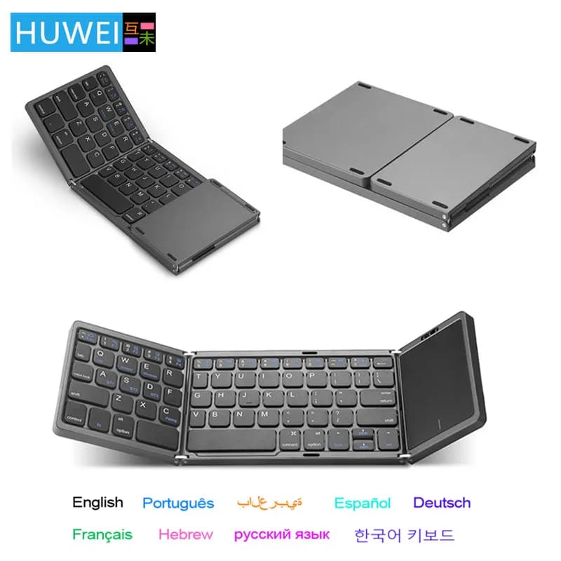 HUWEI Mini tastiera Bluetooth wireless pieghevole Russo Spagnolo Arabo Ebraico Portoghese con touchpad per Windows, Android, IOS