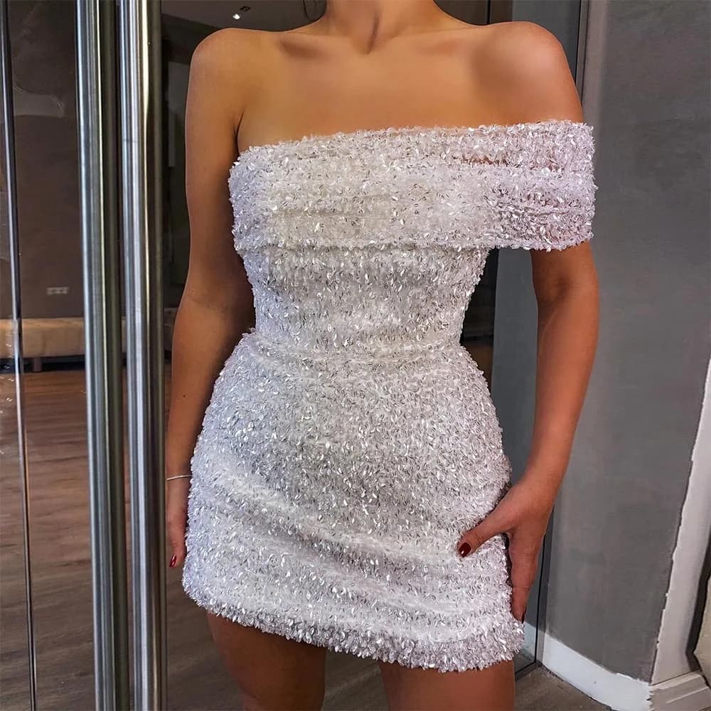 Abito da sposa con paillettes glitterate Mini fodero con spalle scoperte/abito da sposa da donna con colonna per abito da sposa corto bianco da sposa 2023