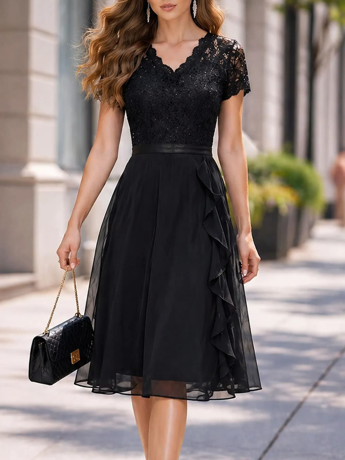 Women Short Sleeveless Sexy V-Neck Holiday Prom Knee Length Splice Ruffles Chiffon Elegant Full Skirt A-Line Dress