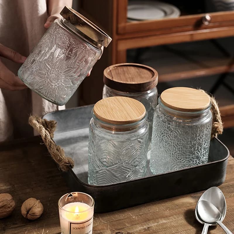Japanese Retro Embossed Glass Sealed Jar r Snack Dried Fruit Jar Glass Jar Kitchen Supplies Storage Ornament