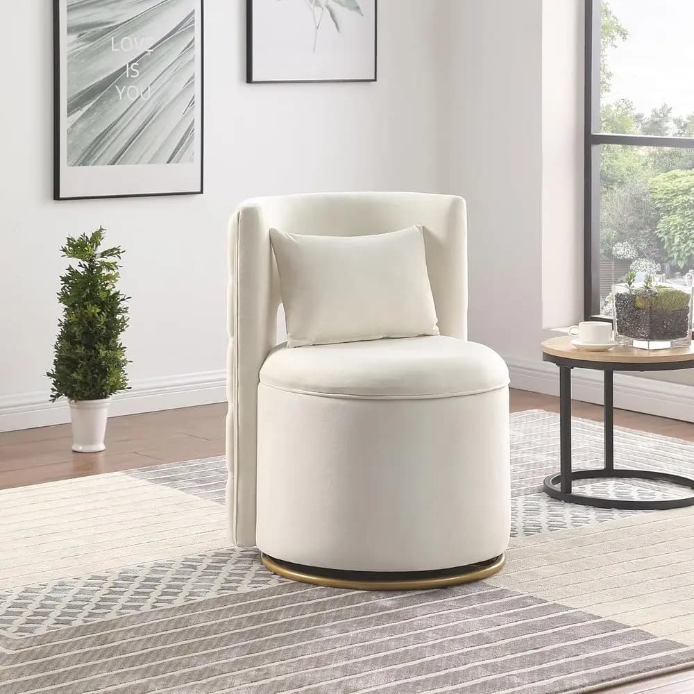 Velvet Round Swivel Chair with Quilted Back and Bearing (Beige)