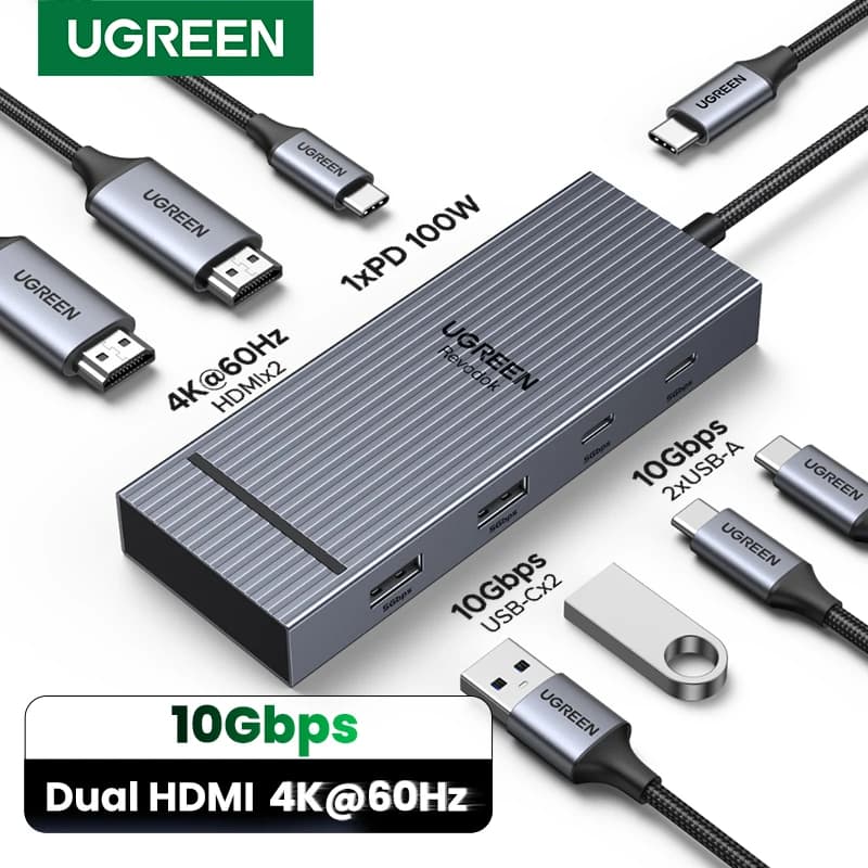 UGREEN USB-C HUB Dual HDMI 7-in-1 Type-C to 4K60Hz 2HDMI 10Gbps USB-A&C PD100W ports for MacBook Laptop USB Splitter Docking