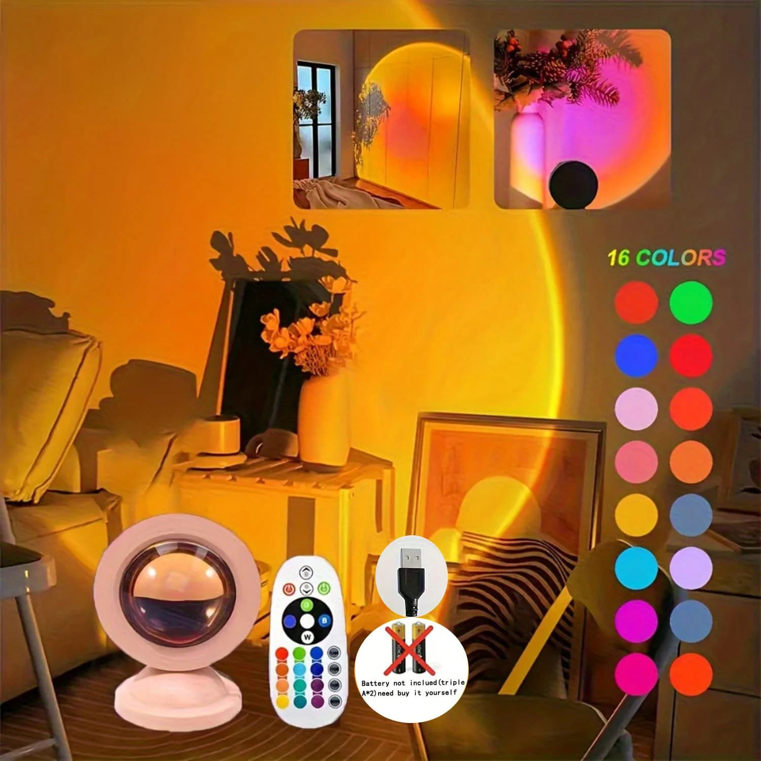 LED light for sunset light projection with remote control, 16-color night light, RGB illuminated dawn lights