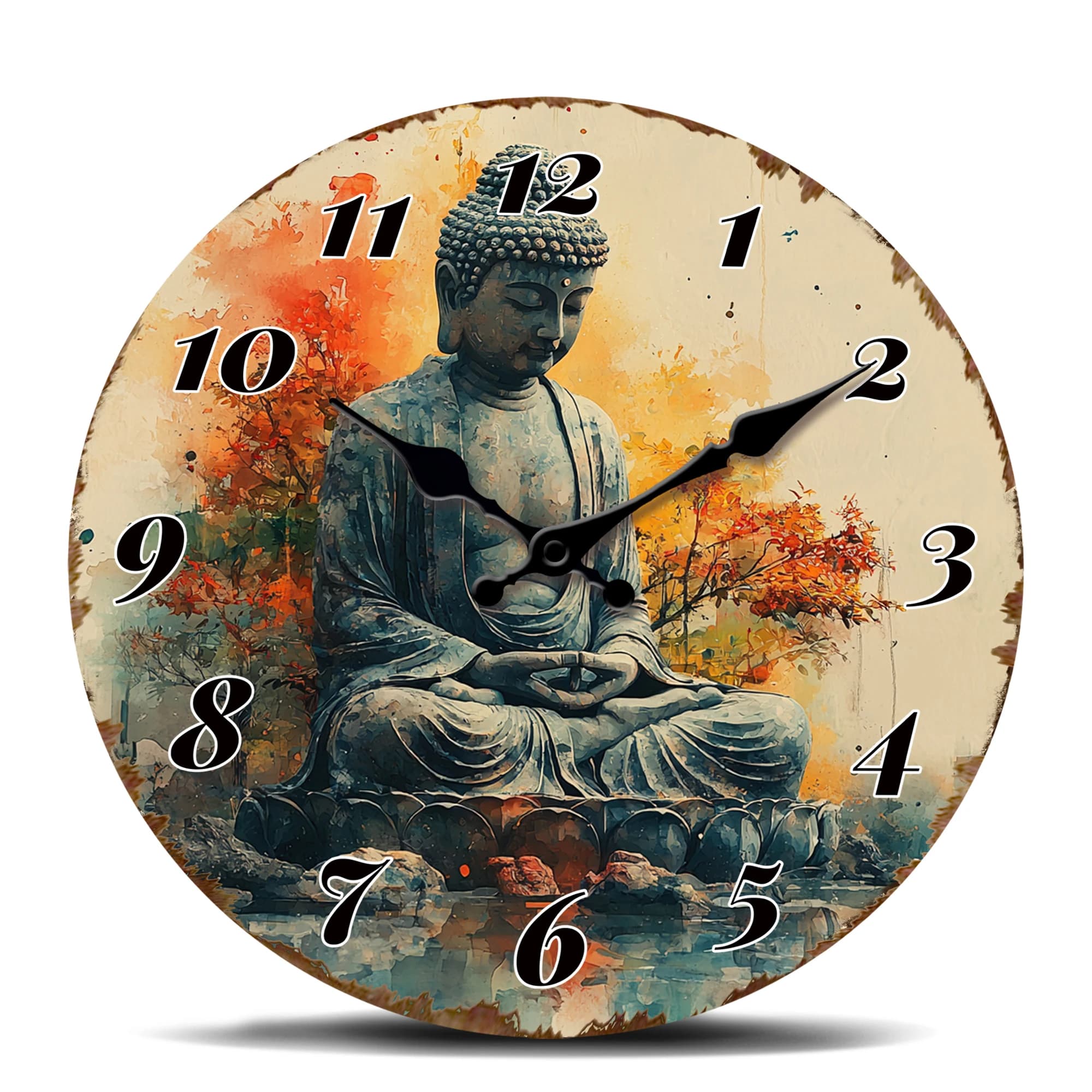 Wall Clock with Statue of Buddha Sereno, Meditation Theme Decorative Watch with Artistic Design for Relax Spaces, Spiritual Decoration to Hang