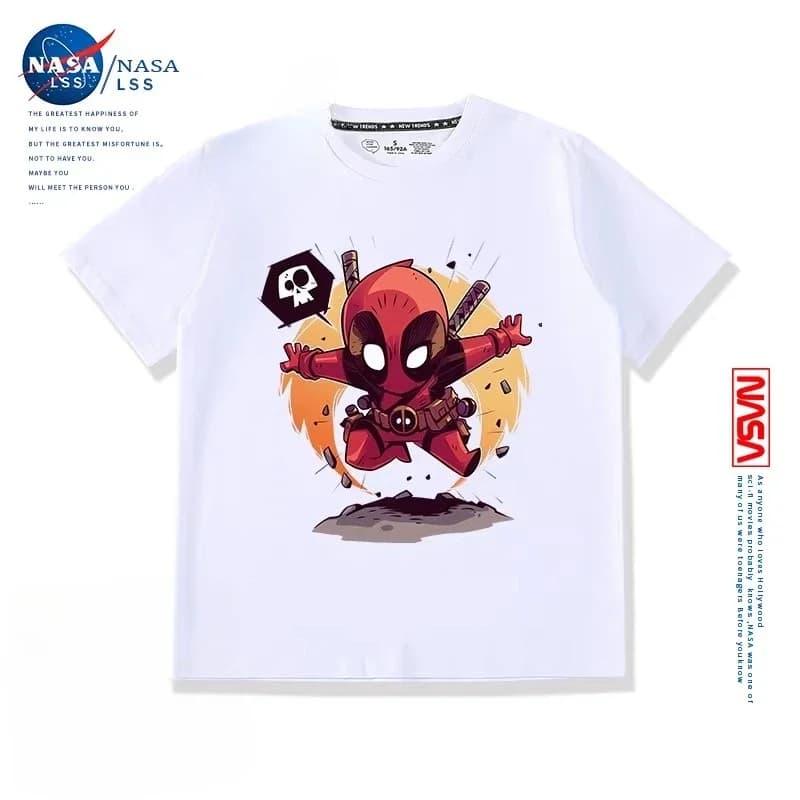 T-shirt estiva per bambini in cotone 100% - Tessuto morbido e traspirante - Motivo Q Version Mercenary Deadpool - Ideale per le uscite