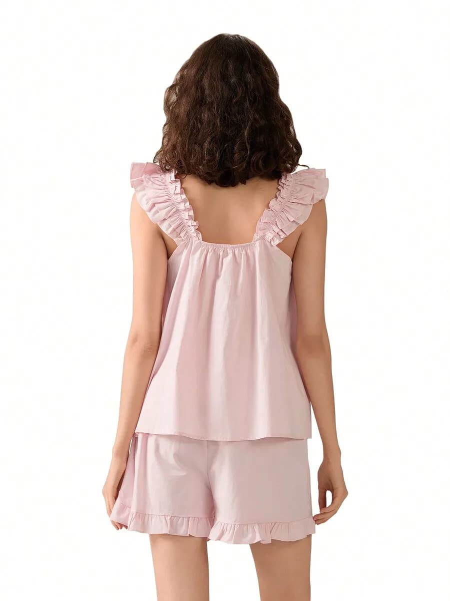 Women Summer 2PCS Pajama Set Sleeveless Backless Top With Ruffle Shorts