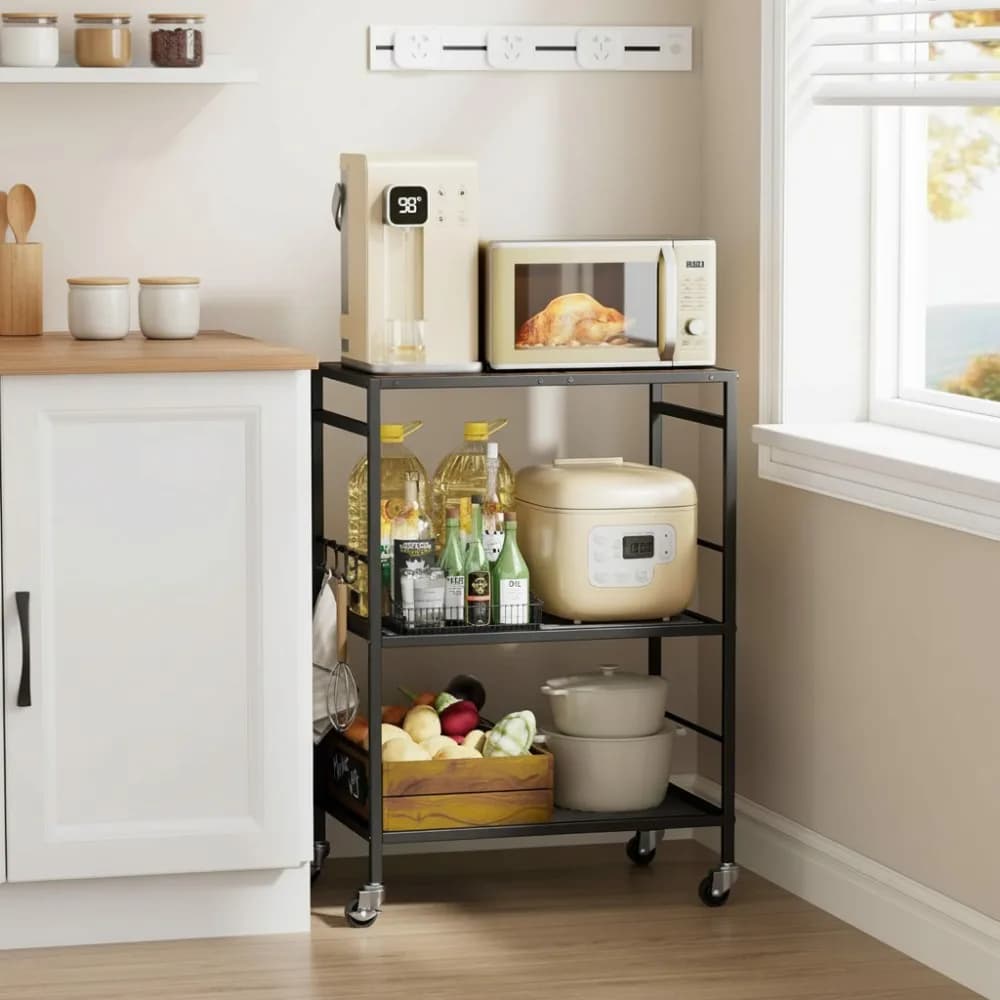 3-level kitchen trolley with adjustable shelves and locking wheels - Microwave storage organizer for small spaces