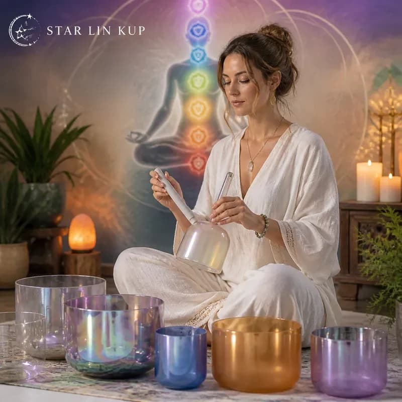 STAR LIN KUP 7 Inch Chromatic Haze Chakra Tuned Hollow Crystal Singing Bowl for Sound Healing Meditation Yoga with Carry Bag