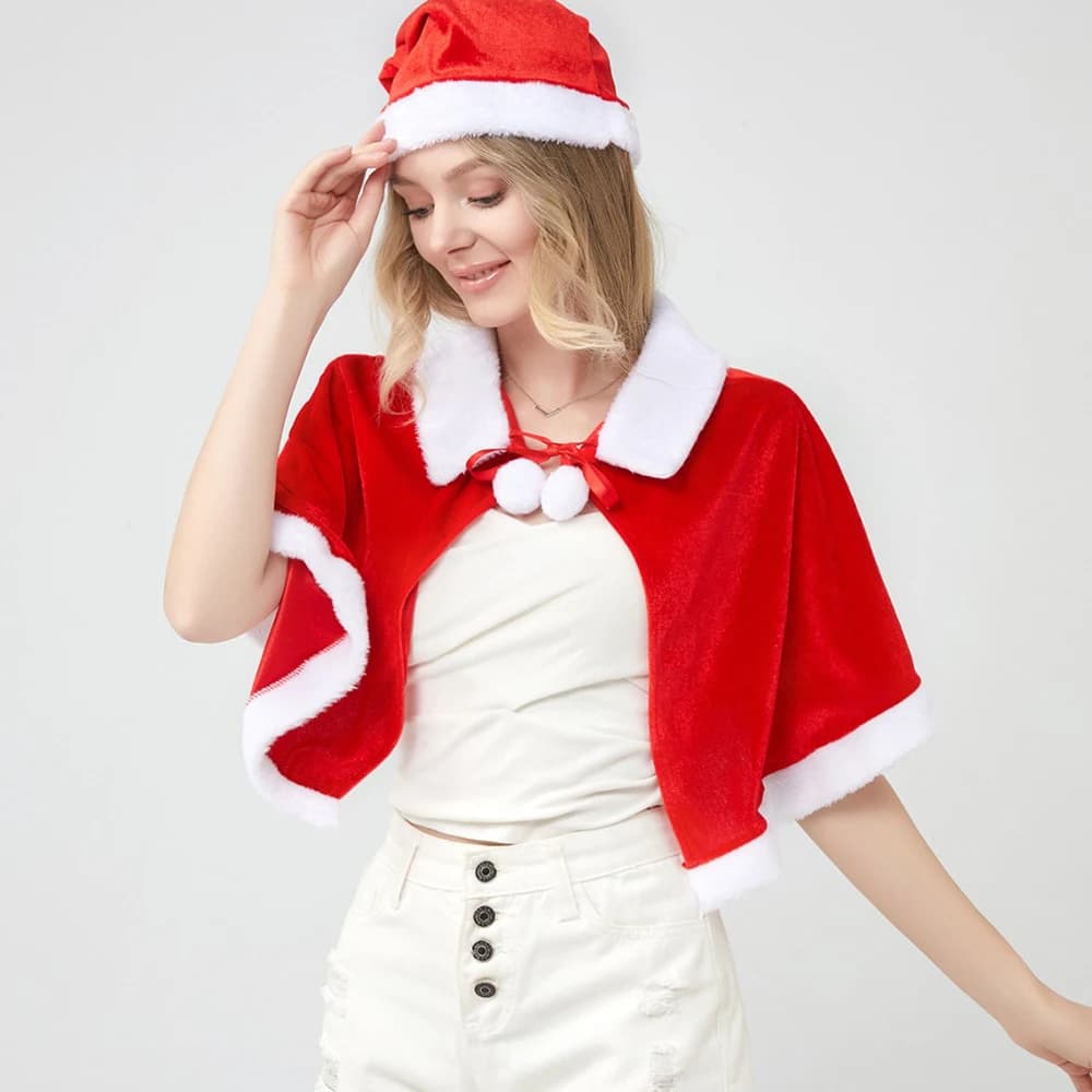 Set di cappelli a mantella natalizia in velluto rosso Mantello da Babbo Natale da donna Scialle natalizio con cappuccio Costume cosplay per feste con lacci Mantello da Babbo Natale