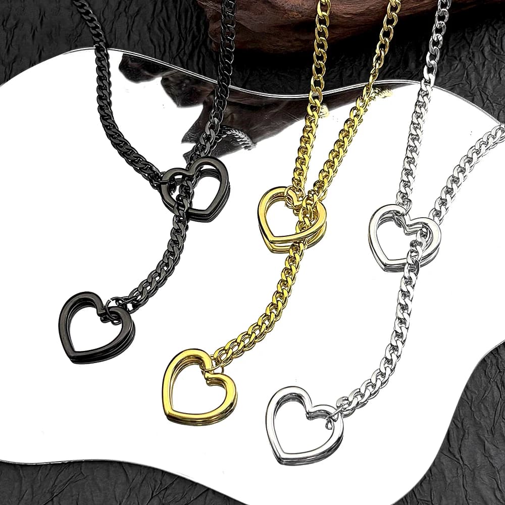 Collana a Y con catena a O-ring a forma di cuore per uomo e donna, stile punk rock, in acciaio inossidabile color oro, regolabile, gioielli con catena lunga