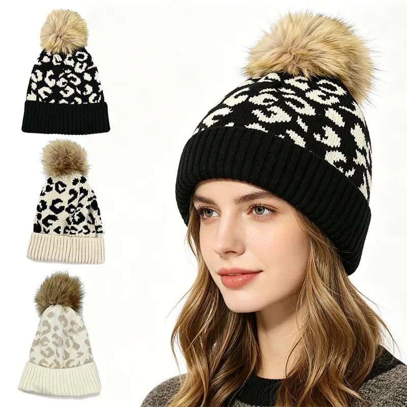 Autumn and winter leopard print pom-pom knit hat, European and American style, cuffed, warm women's wool pullover hat
