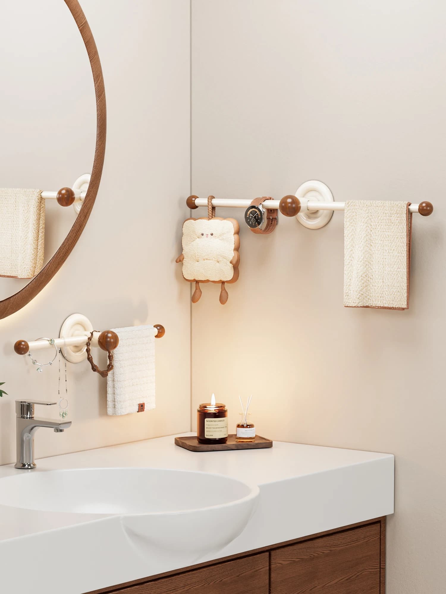 Portasciugamani Premium da Bagno Senza Foratura, Integrato a Parete, con Mensola Portaoggetti, Organizzatore per Toilette in Acciaio al Carbonio, Semplice