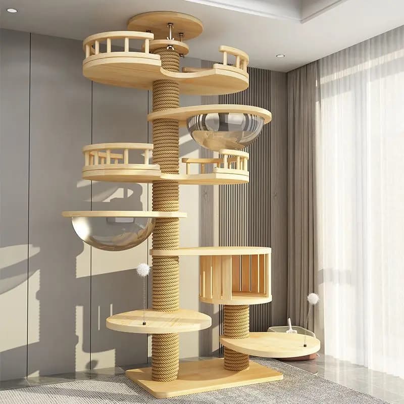 Albero per gatti moderno a 5 livelli in legno massello ecologico, altezza 60 cm, montaggio non intrusivo senza punzonatura, struttura da arrampicata per gatti