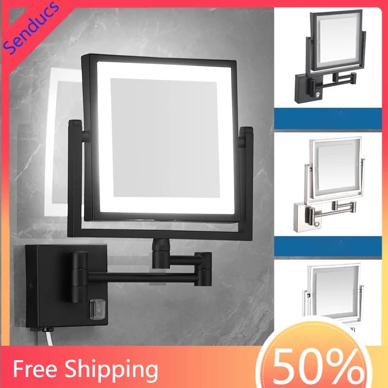 Specchio da Bagno LED con Ingrandimento 3X, Doppio Braccio Estensibile Pieghevole, Montaggio a Parete, Specchio Bifacciale per Trucco, per Specchi da Bagno Neri