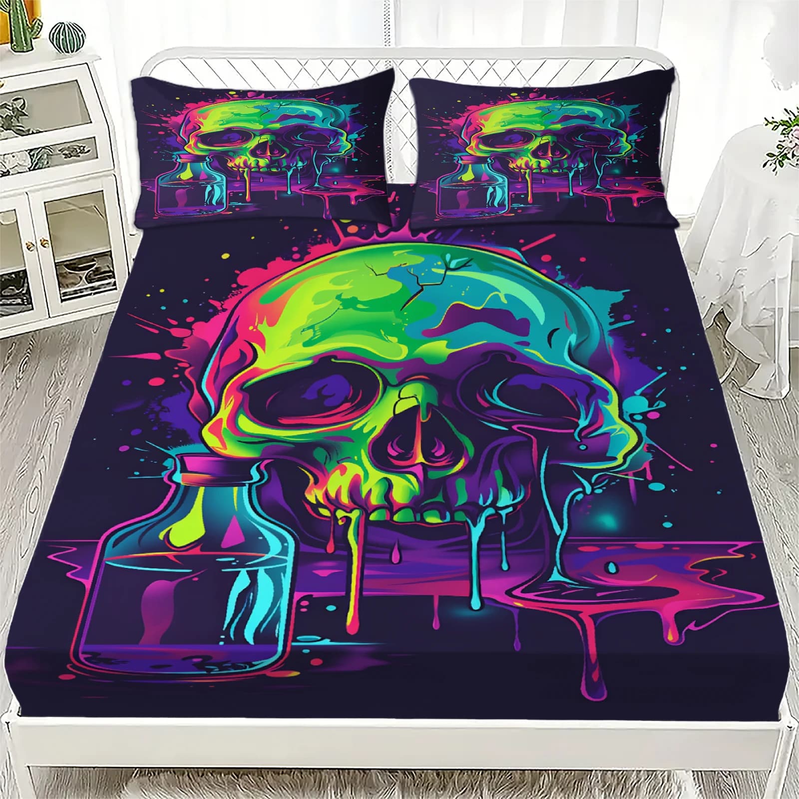 Set of 3 sheets with 3D printing of skulls, colored with drip painting effect, breathable and easy to clean, with pillowcase to decorate the bedroom